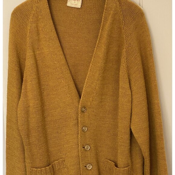 Vintage 60’s Gold Mustard Hand Knit Cardigan Sweater Men’s Size M USA Monogram W - Picture 3 of 7